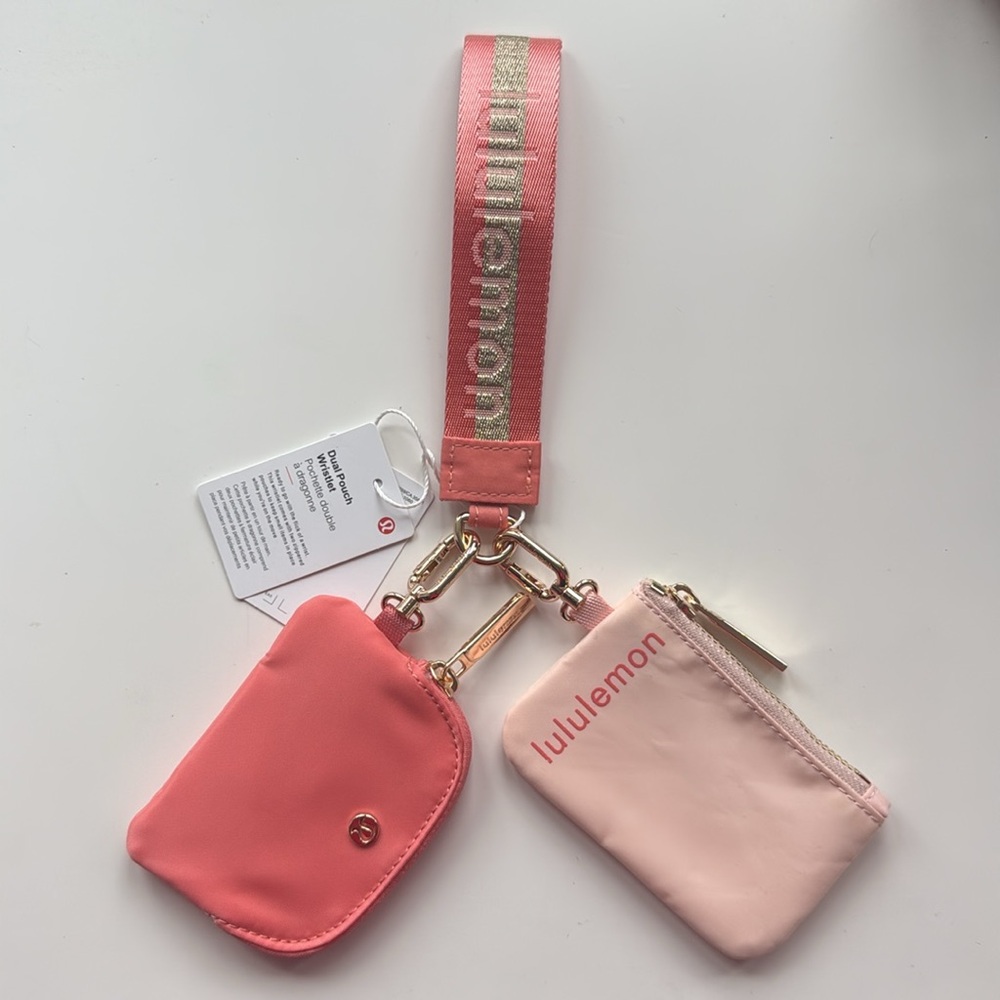 NWT Lululemon Dual Pouch Wristlet Wallet Keychain - Peach Orange Pink Gold